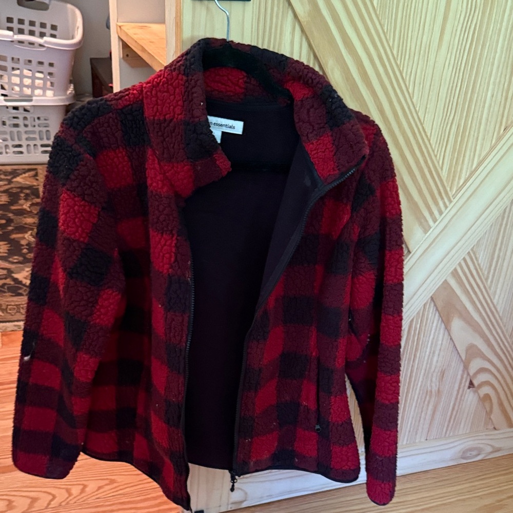 Amazon Essentials Red and Black Sherpa Jacket